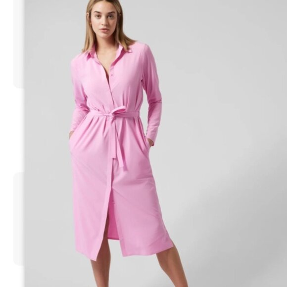 Athleta 2022 Urbanite Dress Woman Large Pink Belted Breathable Office Preppy - Picture 1 of 16